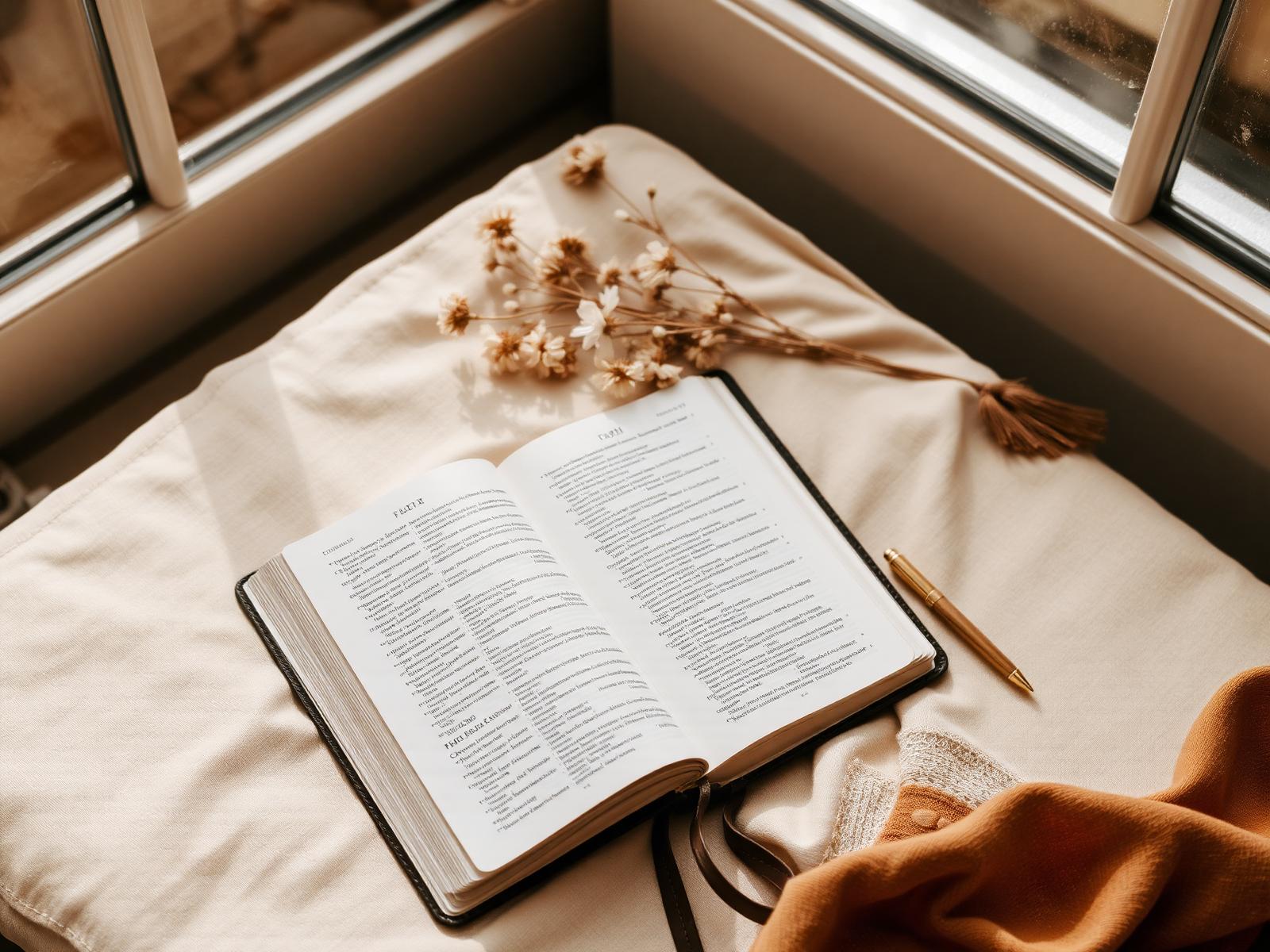 Open Bible and journal in warm morning light