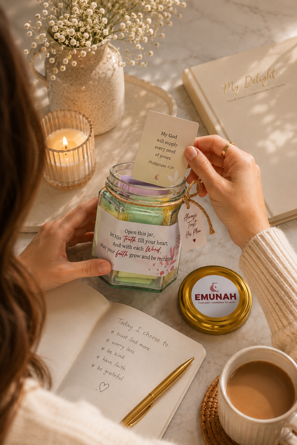 Hands drawing a Bible verse card from the Faith Jar