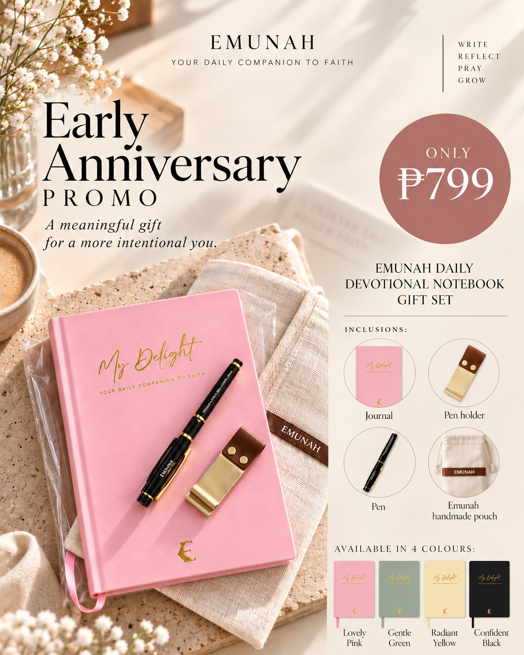 Early Anniversary Promo — the Emunah Daily Devotional Notebook Gift Set: the pink My Delight journal with the Emunah pen, pen holder and handmade pouch.